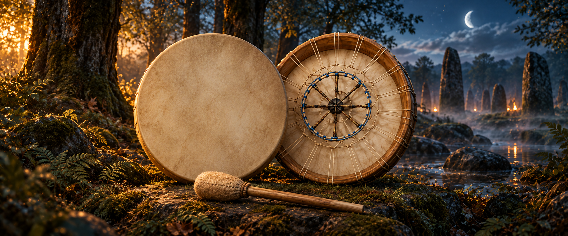Le tambour chamanique d’ERVÉO dans la forêt de Brocéliande, présenté côté peau de daim et côté cadre en chêne avec son laçage